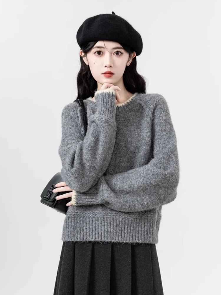 Zoki Vintage Loose Grey Sweaters Women Preppy Style Sweet Knitted Pullovers Korean Lazy Wind Long Sleeve Female O Neck Retro Top