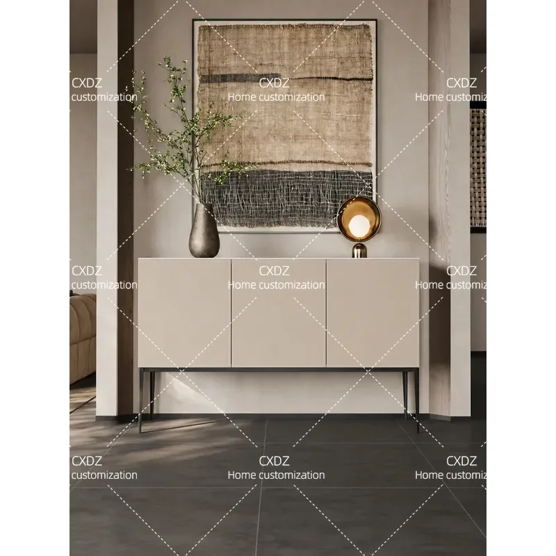 Modern Simple Entryway Cabinet with Saddle Leather and Rock Slab Top Living Room Sideboard Storage Console Table Against Wall