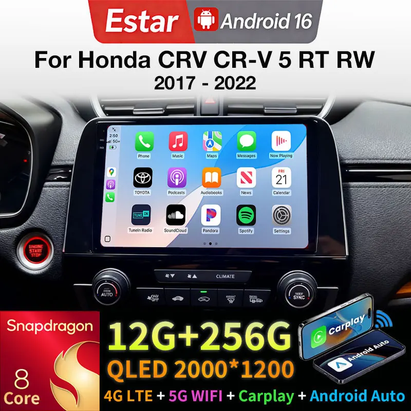 CarPlay sem fio e Android Auto para Honda CRV CR-V 5 RT RW 2017-2022, Central Multimídia Android 16 com 8 núcleos, Rádio Automotivo 2 DIN.