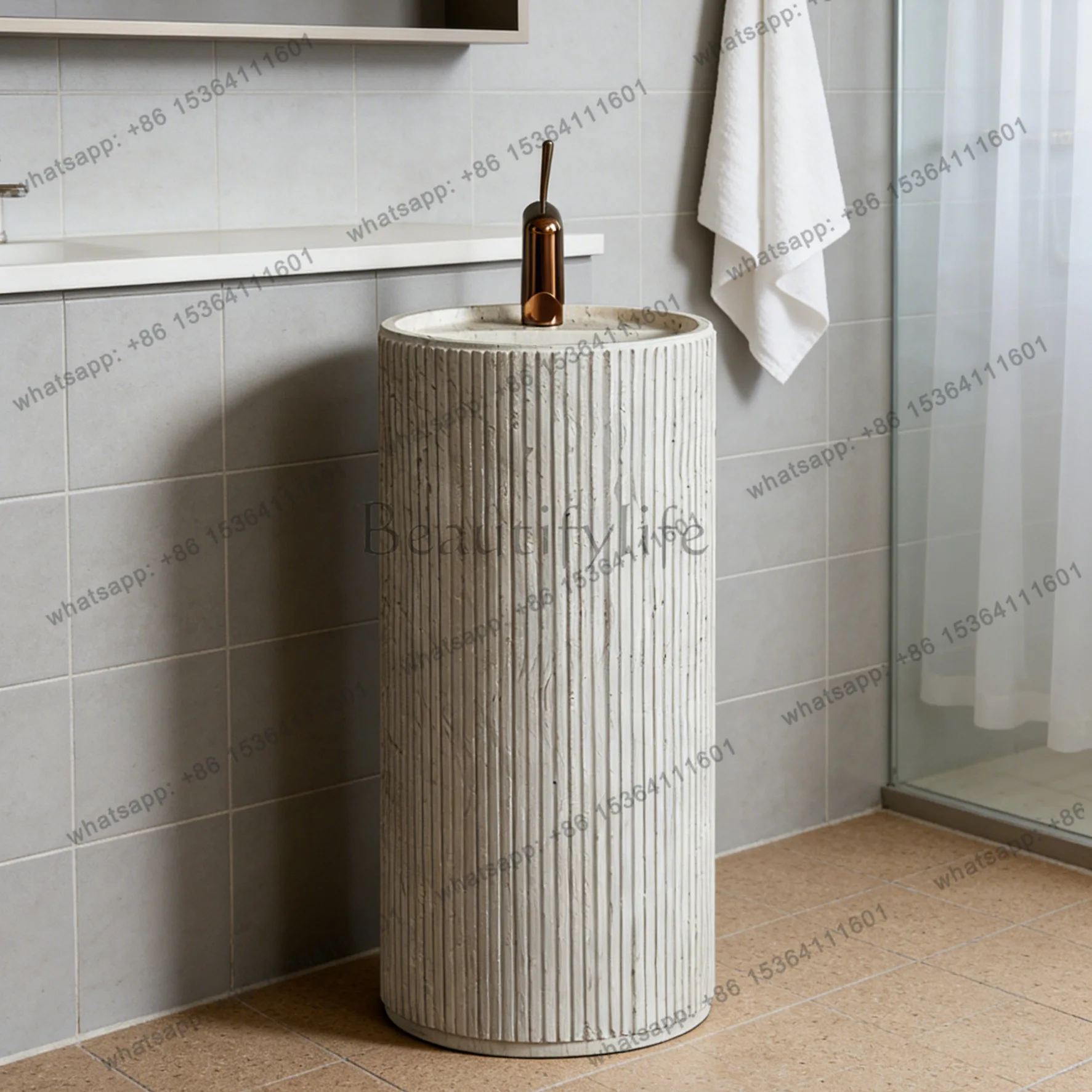 Medieval vertical cylindrical column basin, integrated floor-to-ceiling artificial stone wash basin, B & B hotel engineering