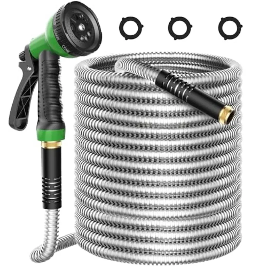 

Metal Garden Hose 50ft, Stainless Steel Water Hose Leak-Proof w/10 Function Sprayer Nozzle, 5/8" Flexible Garden Hoses, Long-La