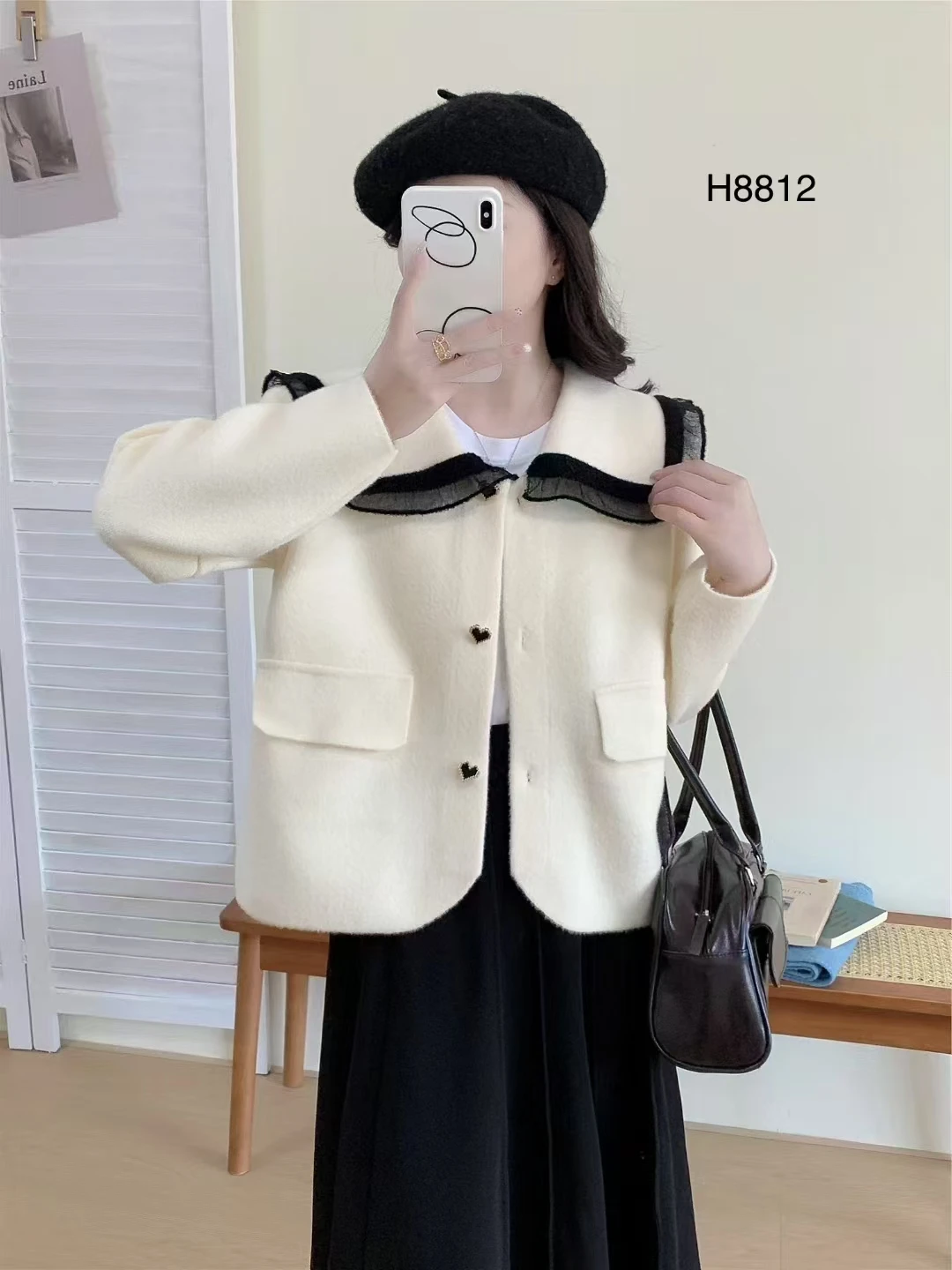 

French Sle Pearl Velvet ort Coat Women's Doll Collar Small Size Woolen Outerwear Autumn Winter New Arrival Faion