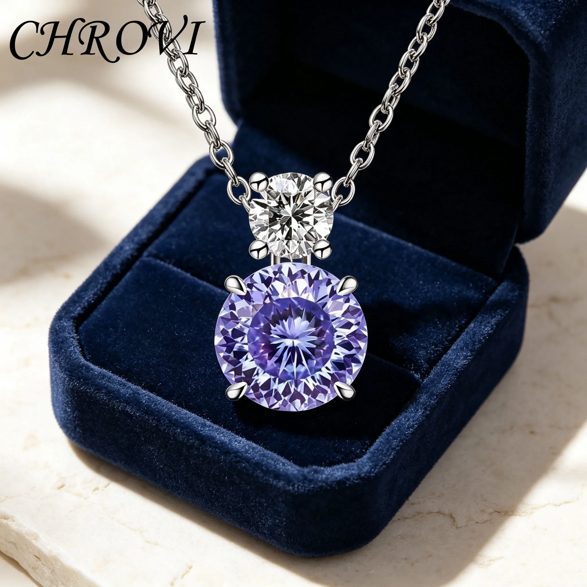 Luxurious 925 sterling silver colored gemstone necklace for women, featuring a round high-carat diamond and violet pendant.