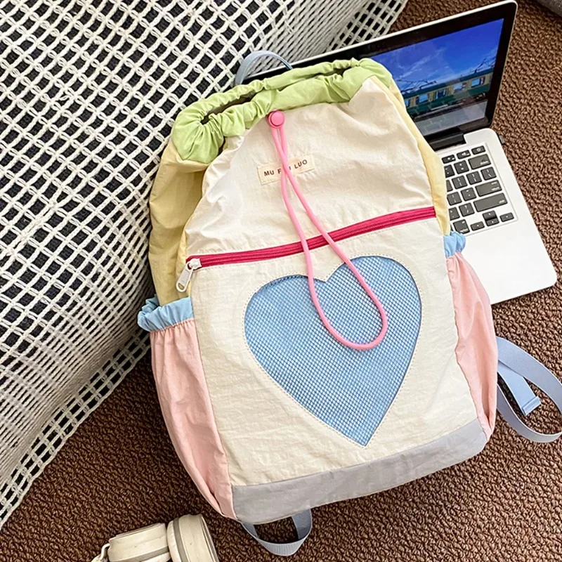 Bookbag for Women Girls Color-Block Daypack Nylon Drawstring Laptop Backpack Adjustable Strap Rucksack for Travel School