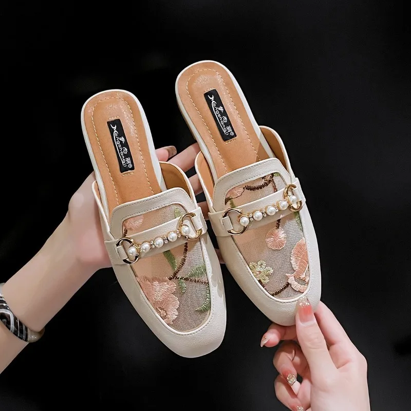 

Women's Baotou Half Slippers Summer Breathable Mesh Casual Shoes Luxury Pearl Print Designer Women's Flat Slippers Zapatos Mujer