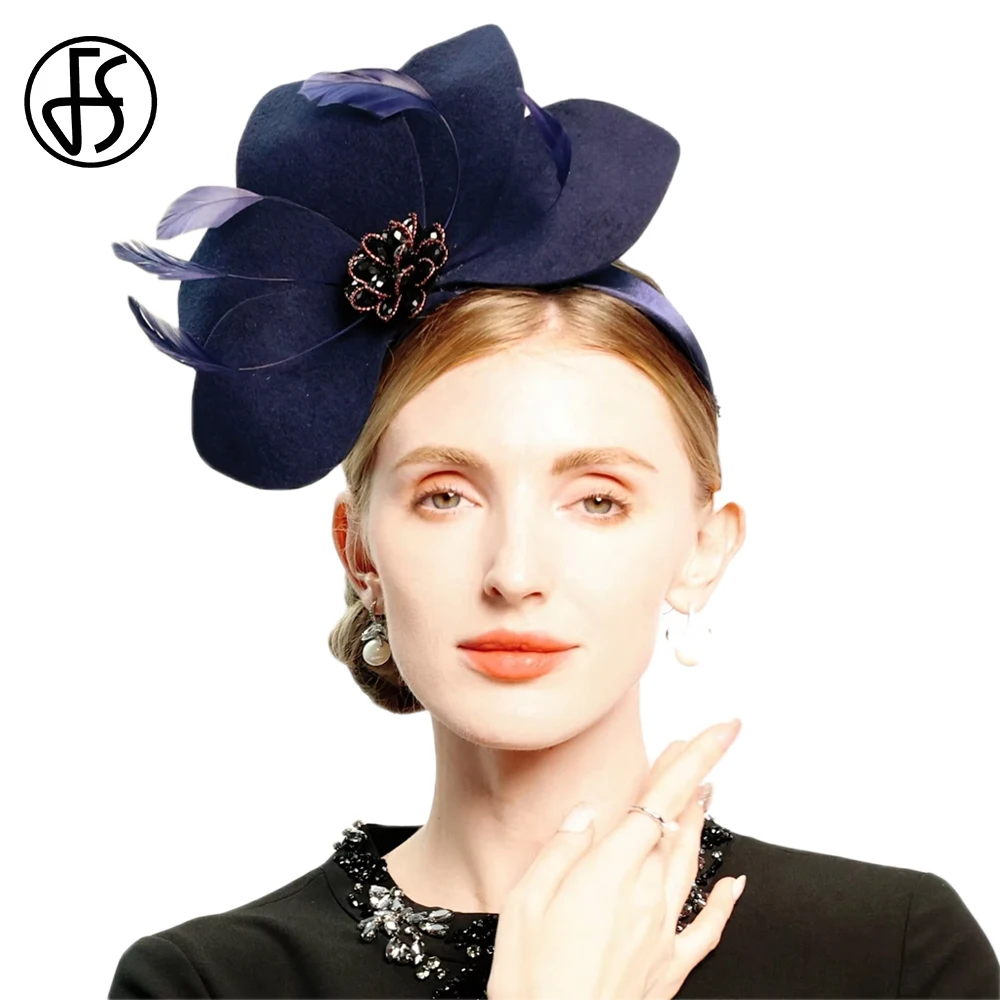 

FS 2025 Темно-синяя шерстяная шляпа-волшебница Винтажные церковные шляпы с перьями для женщин Элегантные формальные женские головные уборы для чаепития Chapeau Femme