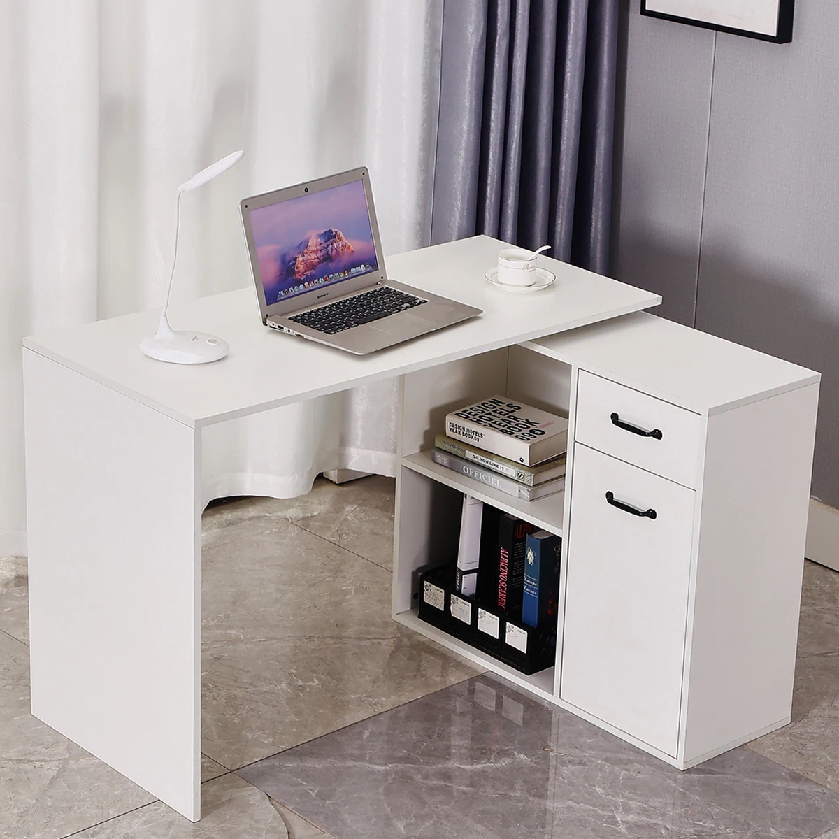 Wooden Computer Desk Foldable With 2 Drawers 2 Rotating Corner Shelves Compartment Office Living Room Kitchen Versatile Table