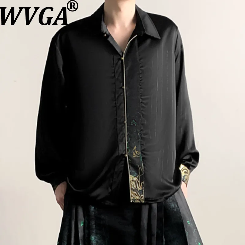 

WVGA Spring New Man Tide Chinese Style Single-Breasted Turn-Down Collar Shirts Niche Chic Casual Printed Long Sleeve Tops W21234