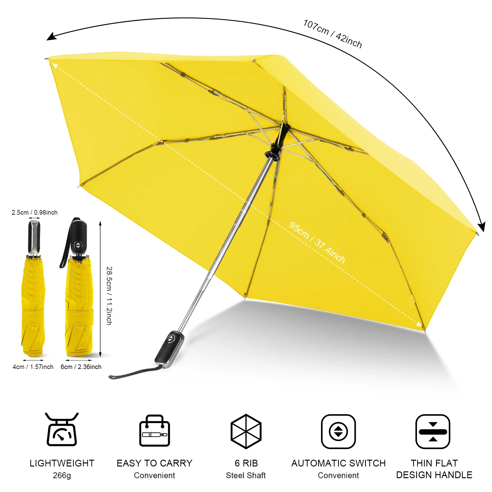 Superior Waterproof Portable Perfect Size Yellow Special Adults 6 Ribs Plastic Handle Auto Open Close 21inch 3Fold Flat Umbrella