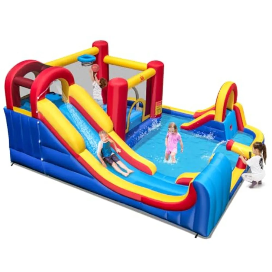 Backyard party inflatable water slide park: PVC blue/red 7-in-1 combo with bounce house water slide pool jumping castle water c