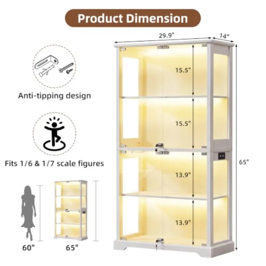 Farmhouse Glass Display Cabinet with Lockable for Living Room, Tempered Glass and Wood, White, Adjustable Shelves and Soft-Clos view 2