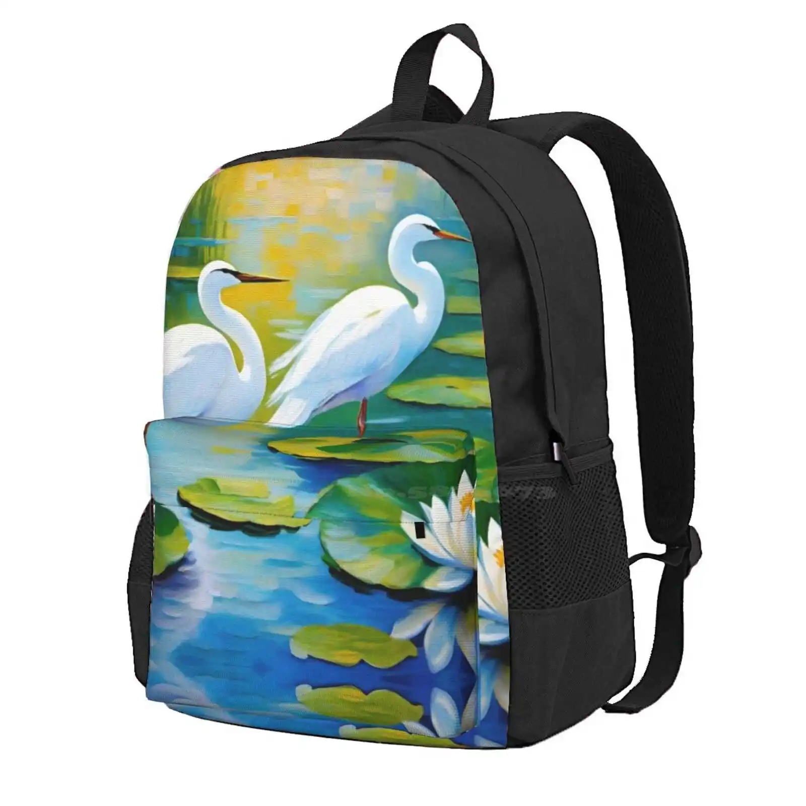 Elegant Egrets In A Tranquil Water Garden Hot Sale Schoolbag Backpack Fashion Bags Egret Refreshing Nature Scenery Of The Lotus