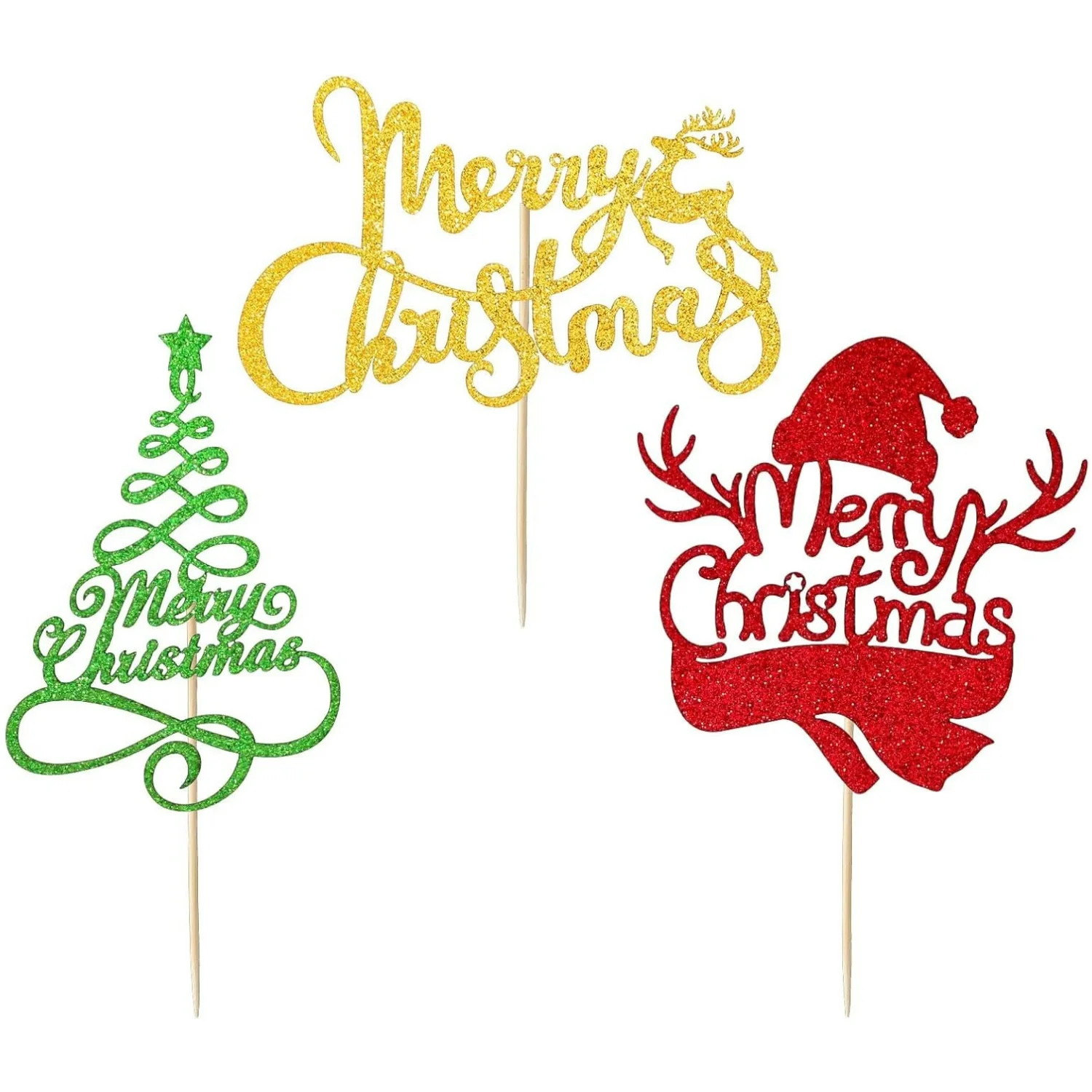 24 Stück Weihnachts-Cupcake-Topper, 3 Designs, glitzernder Kuchenaufsatz, Weihnachtsbaum, Schneemann, Tischdekoration, Essensauswahl, Cupcake-Dekoration