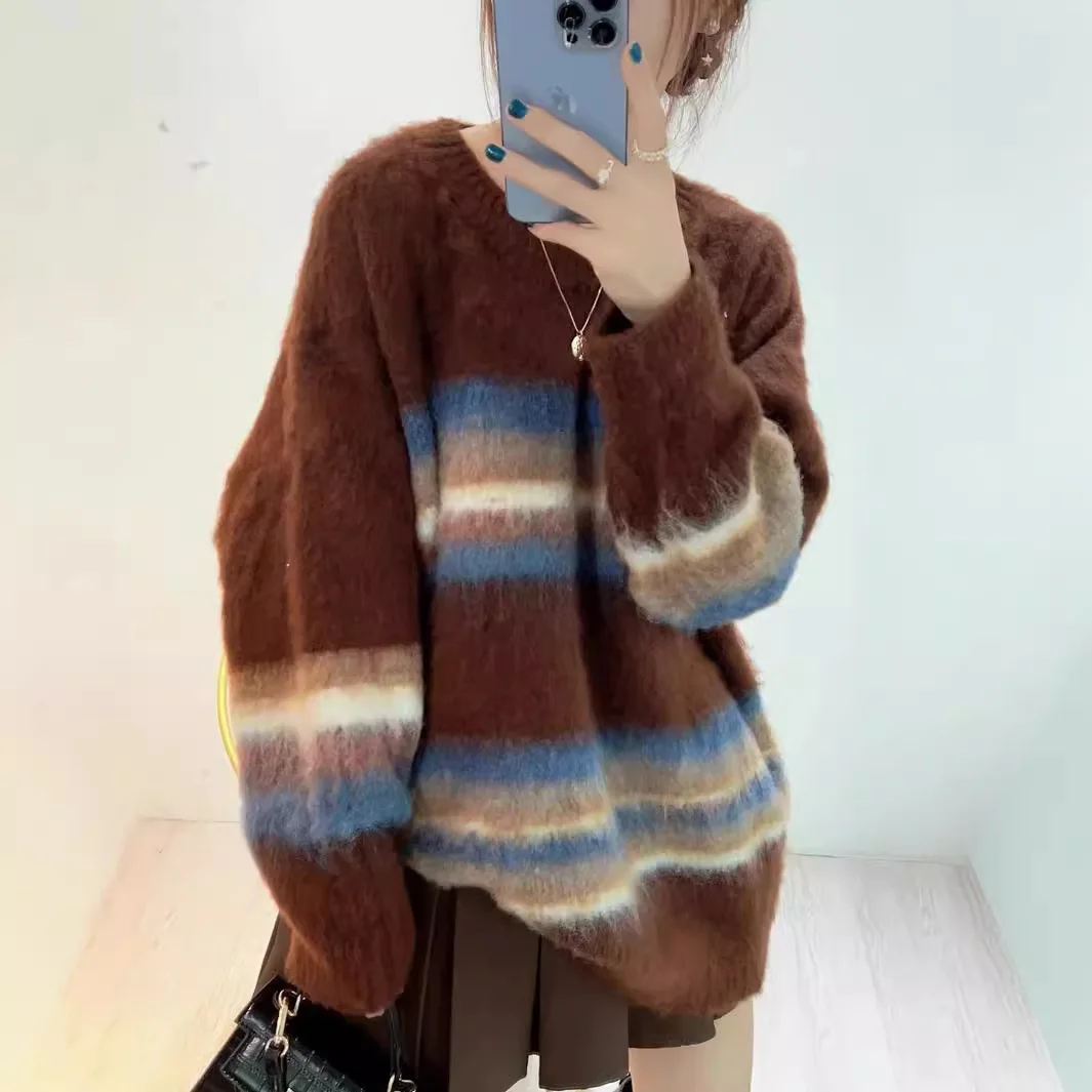 Invierno otoño nueva moda mujer color codificado rayas suelta Casual moda cuello redondo manga larga suéter tejido jerseys Mujer