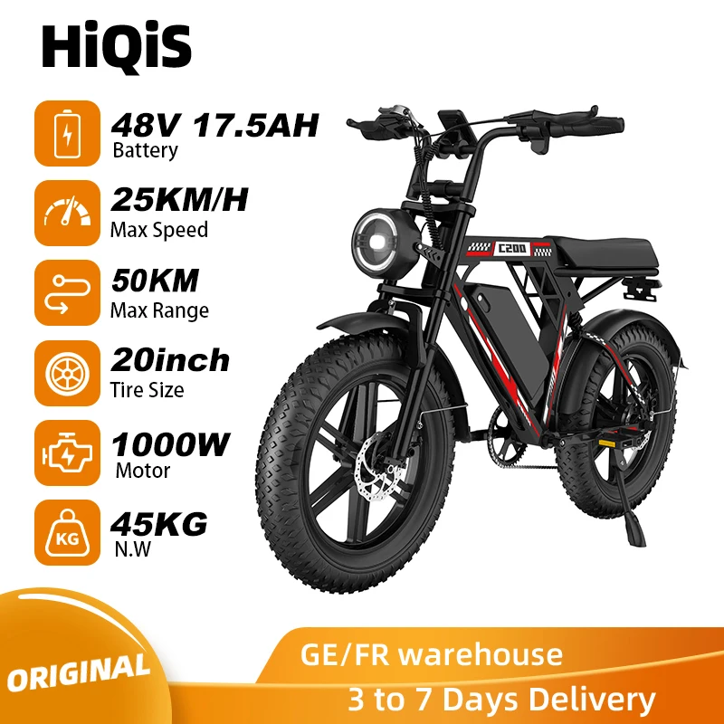 Vélo électrique HiQiS C200, batterie 48V 17.5AH, autonomie maximale 50KM, moteur 1000W, vitesse 25km/h, pneus larges de 20 pouces, tout-terrain, hors route, vélo électrique