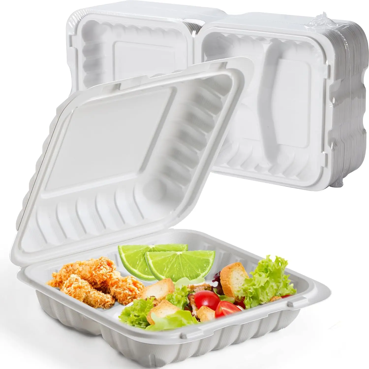 

7.8" 30 oz BPA-Free Plastic Food Containers, 65-Pack Stackable Reusable Freezer Microwave Safe White Takeout Boxes