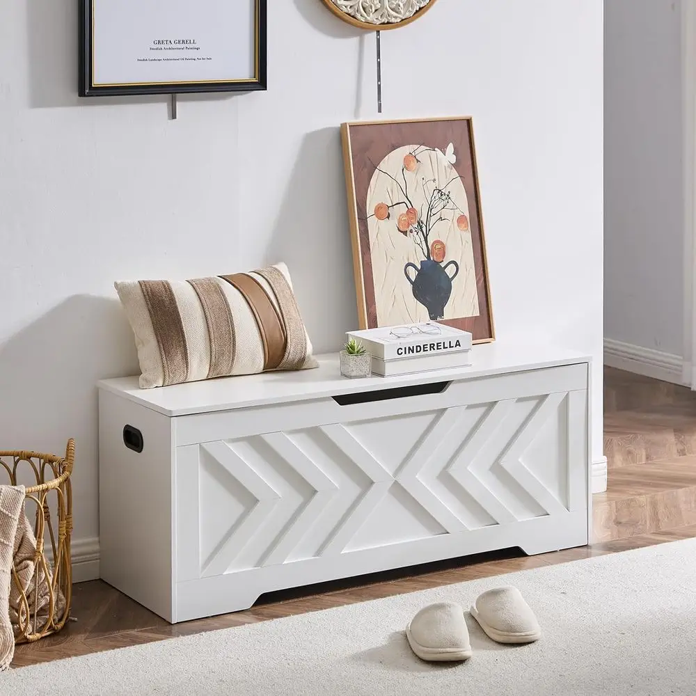 مقعد تخزين خشبي كبير مع مفصلات أمان، مثالي للمدخل وغرفة النوم وغرفة المعيشة، باللون الأبيض