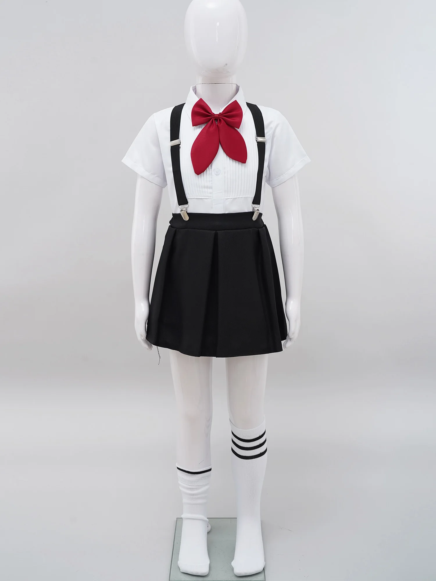 Children Girls Choir Outfits School Uniform Bow Tie Shirt with Suspender Skirt and Socks Schoolgirls Stage Performance Costume