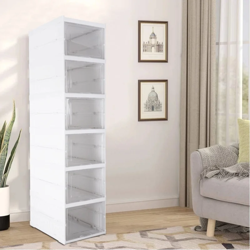 6-stöckiger, zusammenklappbarer Schuhschrank, verstärkte Kunststoff-Schuhaufbewahrungsbox, staubdicht, stapelbar, Sneaker-Organizer, Regal für Schlafzimmer, Kleiderschrank, Garage, Eingangsbereich