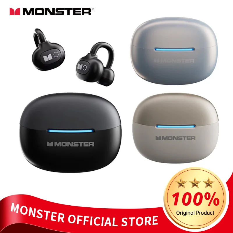 Monster D05 Clip On Earphones Bluetooth 6.0 Smart Call Noise Canceling HiFi Stereo Comfort Fit Long Standby Wireless Headphones