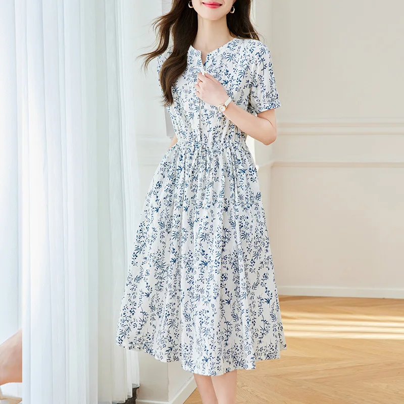 Factory Direct Sales French style retro round neck short sleeves floral dress summer new mid-length cotton shirt dress