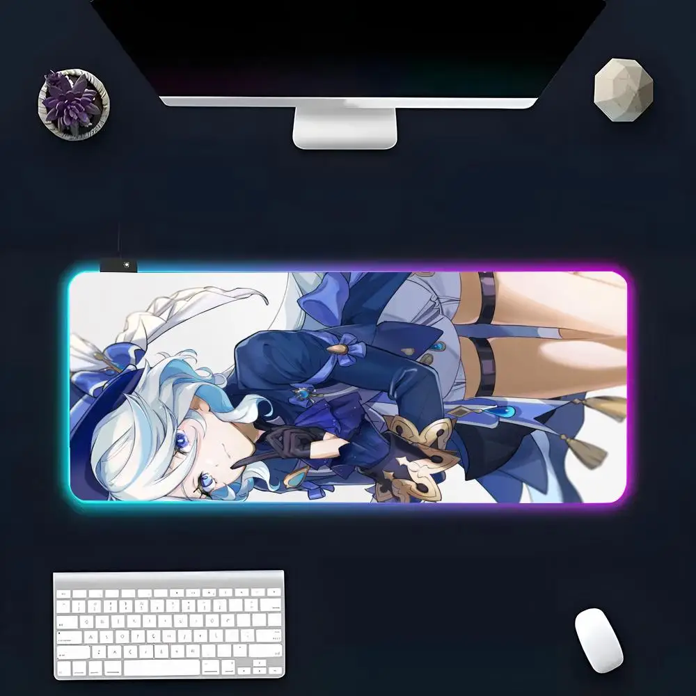 Anime Gril Furina Mouse Pad All White Large Size Mouse Pad RGB Glow Personality Picture Custom PC Table Mat Carpet Mat Game Play