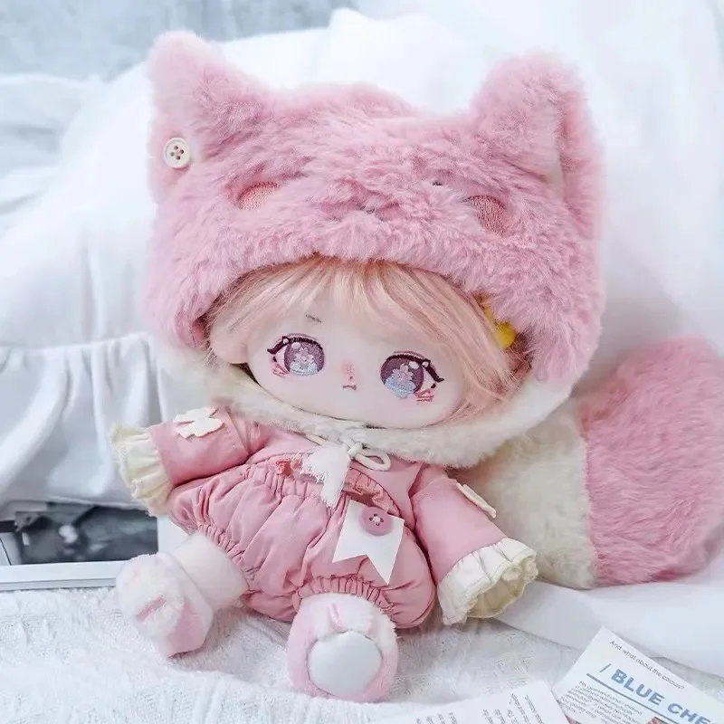 Limited Stock 20cm Pink Kawaii Plush Human Doll Figure Baby Doll with Animal Ears Big Tail Cute Face Collection Girlfriend Gift