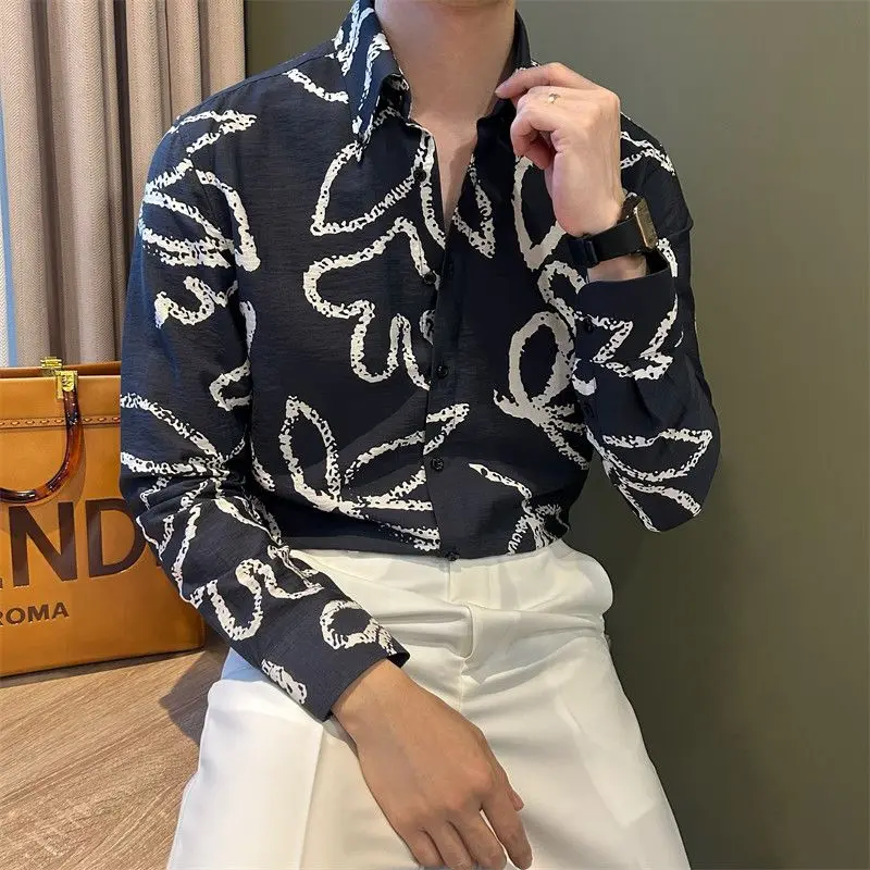 Trendy and Versatile Long-sleeved Printed Thin Shirt New Casual Fashion Men's