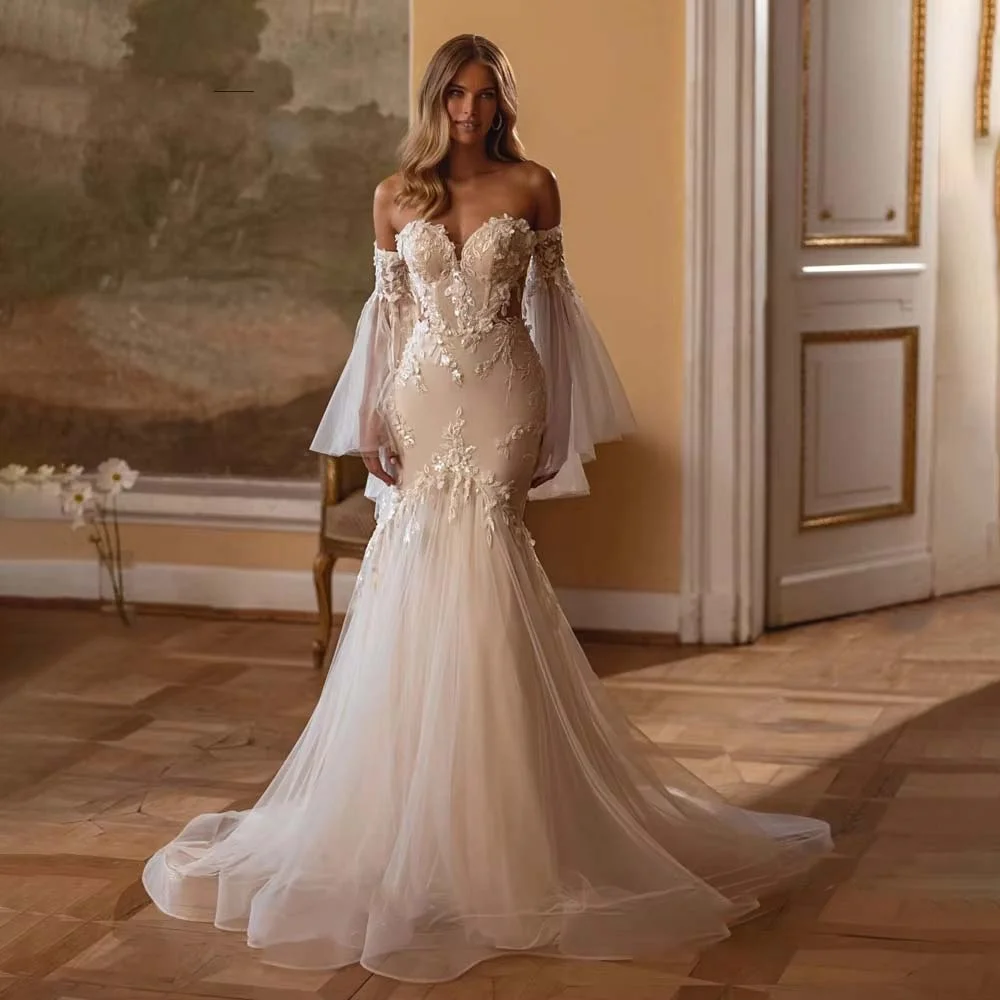 

Customized Charming Lace Applique Wedding Dress Exquisite Tulle Bridal Gown Half Sleeve Mermaid Wedding Gown Vestidos De Novia