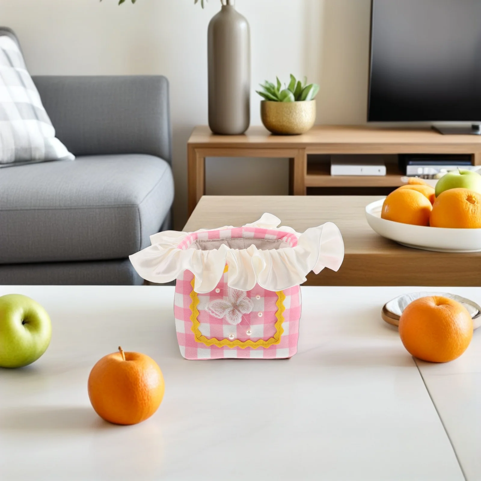 

Small Basket Desktop Organizer Cute Plaid Fabric Storage Basket for Bedroom Living Room Makeup Sundries Snacks Storage