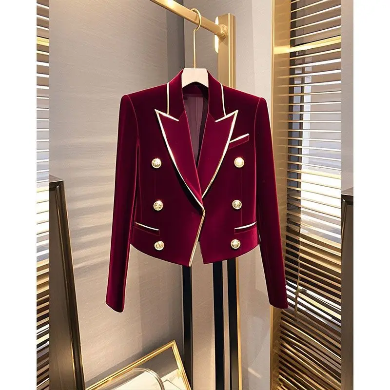 Chic This Year's Popular Pretty Wine Red Velvet Jacket Women Autumn Winter High-end Luxury Short Tops Double-breasted Blazer New