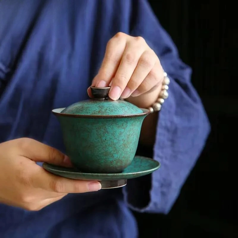 150ml Japanese Style Turquoise Glaze Ceramic Sancai Gaiwan Retro Kiln Change High-capacity Tea Cover Bowl Drinkware Customized