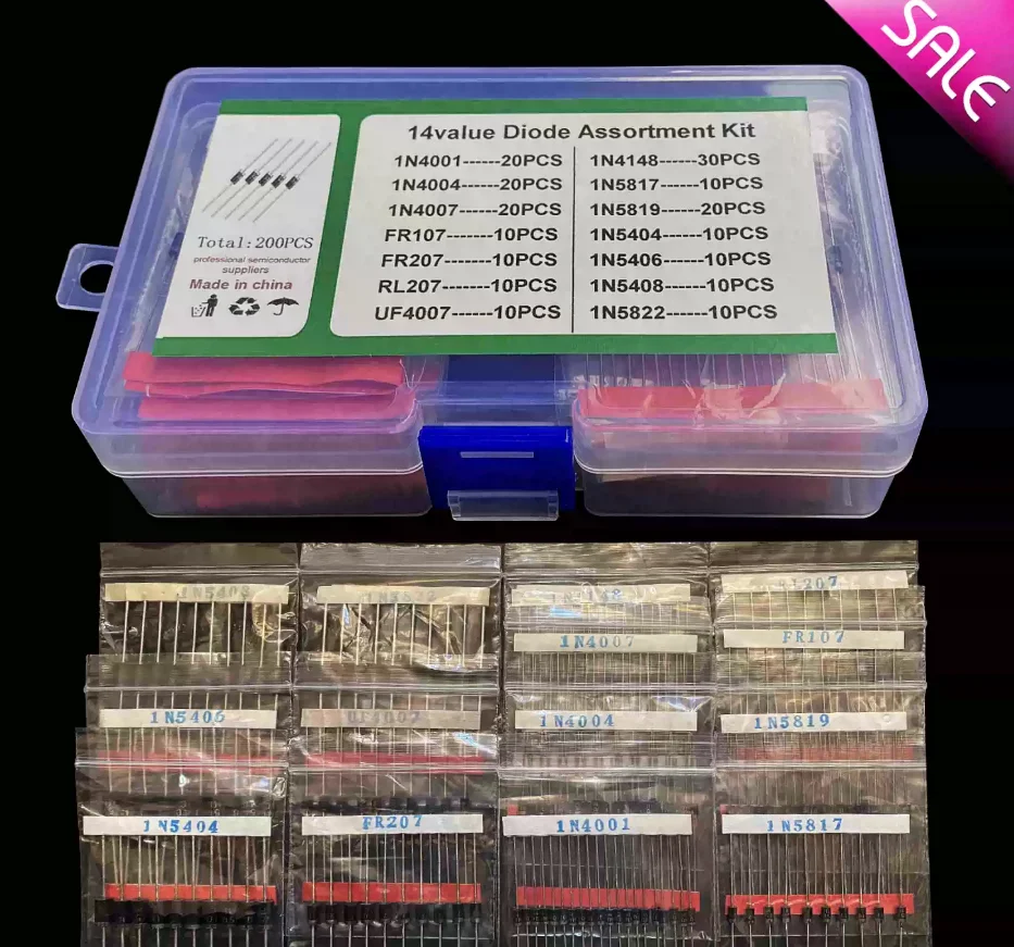 1Box 14Values=200PCS UF4007/1N4148 1N5817/5819/1N5404/1N5406/5408/1n5822/IN4001/4004/4007/FR107/FR207 Rectifier Diode Kit RL207/