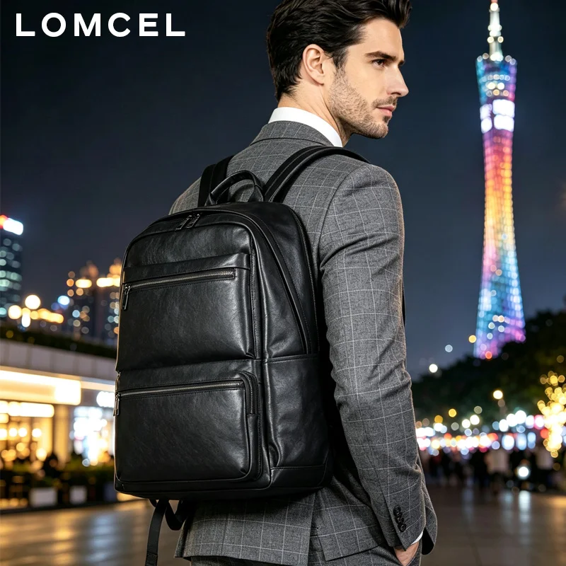 LOMCEL 15 Business travel men's double-shoulder bag - solid color - high-end casual computer backpack - fashionable outdoor