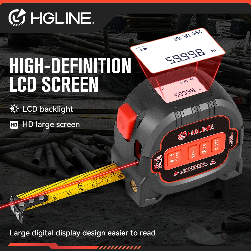 HGLINE 4 In1 60M Laser Tape Measure 5M Tape Measure Ruler LCD Power Display Electronic Ruler Laser Rangefinder Measure PowerTool