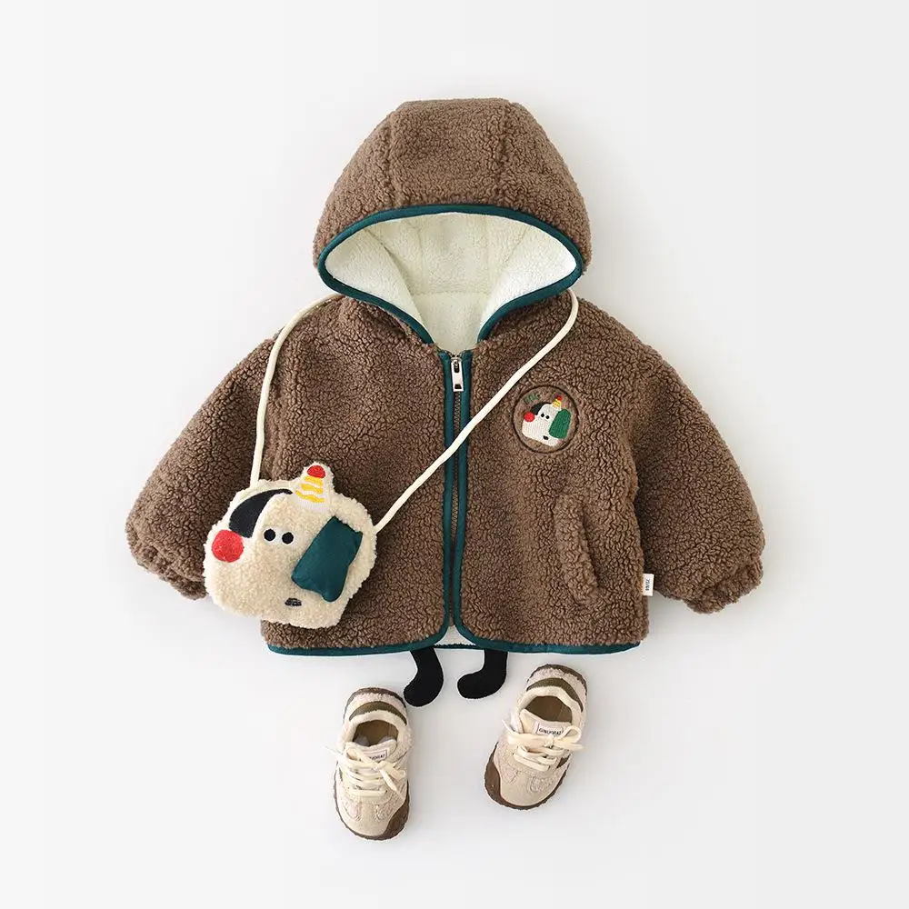 2025 Winter New Baby Fleece Hooded Coat + Accessories Boys Girls Cute Cartoon Jacket Plus Velvet Thick Toddler Warm Clothes