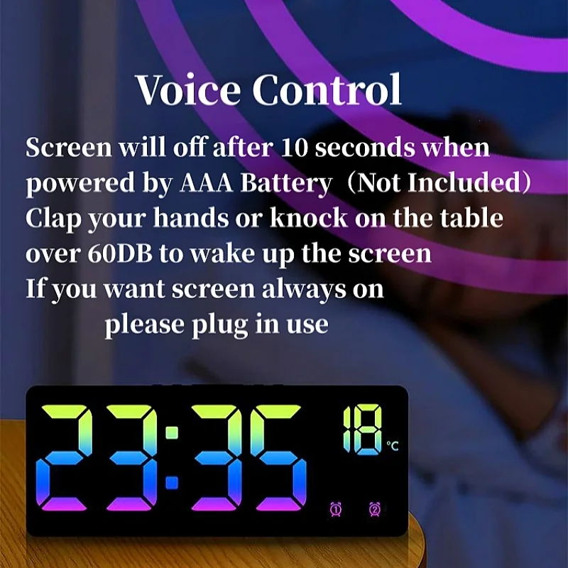 Voice Control Alarm Clock Digital Temperature Date 2 Alarm USB Powered Always On Snooze Table Clock Night Mode 12/24H LED Clock