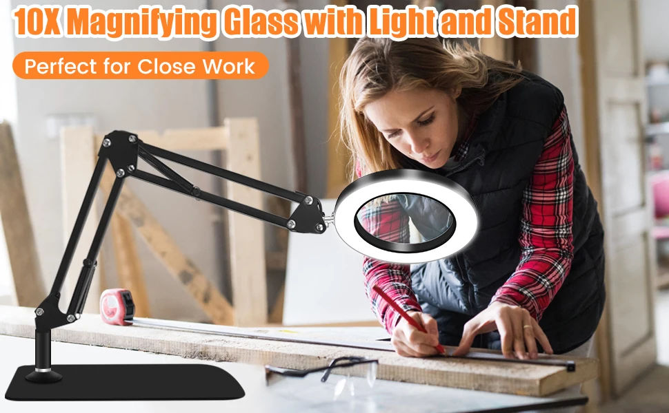 Lupa 10X con luz y soporte, atenuador, brazo oscilante ajustable, lámpara de escritorio 2 en 1 y abrazadera para trabajos de reparación de lectura artesanal