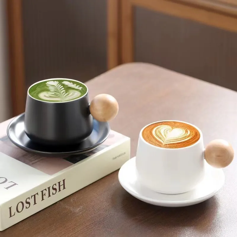 1SET Coffee Cup Saucer Set Expensive Mug Gift Ceramic Vintage Tea Set Wooden Handle Classic Mug Solid Color Ceramic Teacup