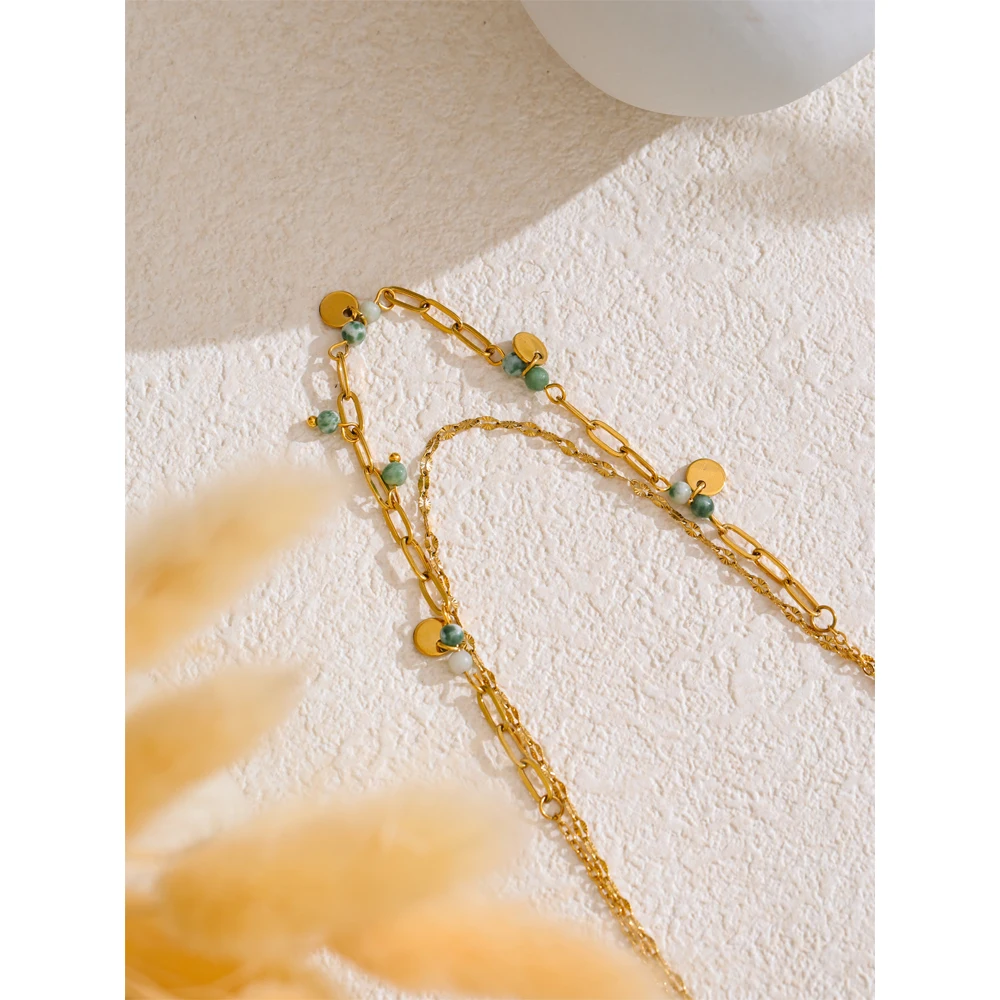 Yhpup Exquisite Stainless Steel Green Natural Stone Double-Layer Chain Stacking Necklace for Women High Quality Jewelry Gift
