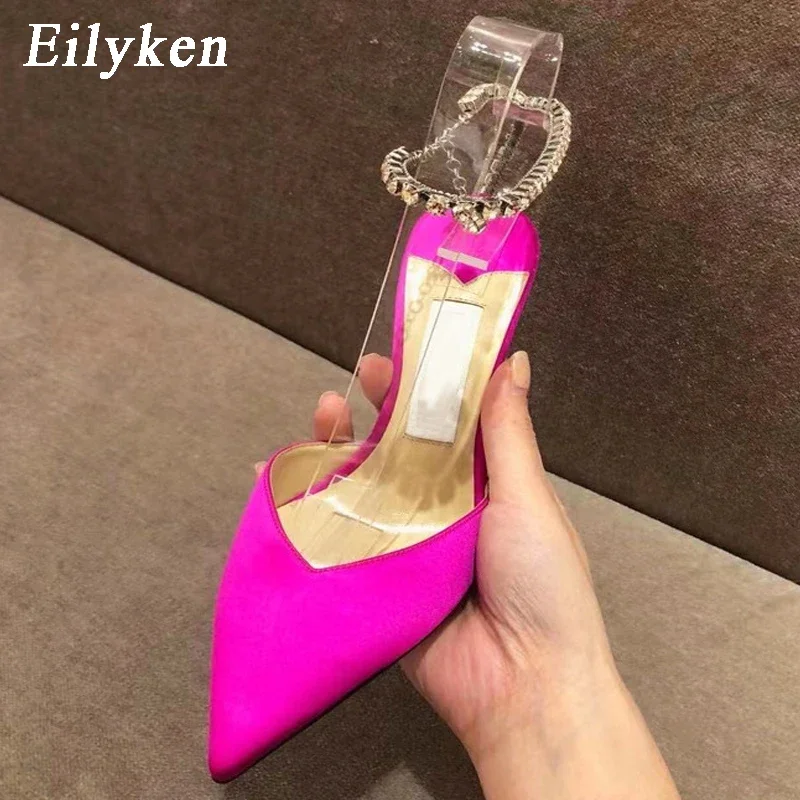 Eilyken Satin Buckle Strap Rhinestone Slingback Women Pumps Pointed Toe Female Thin High Heel Party Shoes Zapatos Mujer