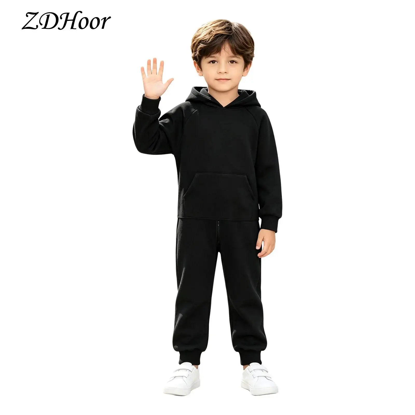 Kids Girls Boys Hooded Playsuit Adaptive Hooded Jumpsuit Solid Long Sleeve Kangaroo Pocket Elastic Ankle Cuffs Sports Bodysuit