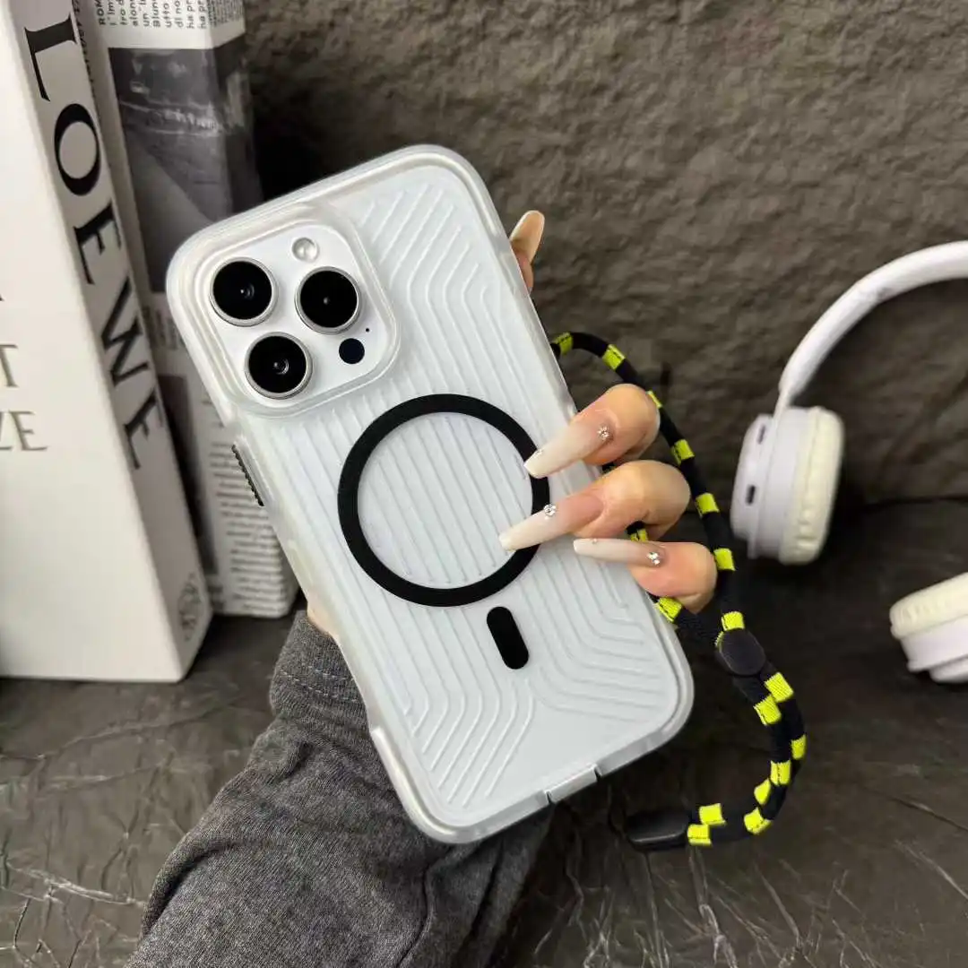 

Corrugated Frosted Transparent Case For iPhone 12 13 14 15 16 17 Pro Max Noctilucent Magnetic Protect Cover With Hanging Rope