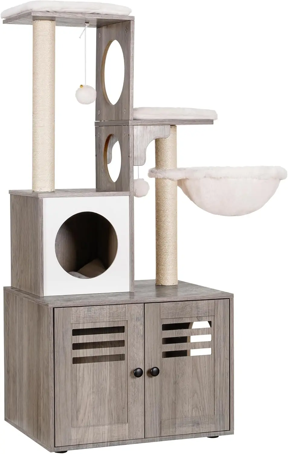 Árbol para gatos, caja de arena de madera con estación de comida, muebles para gatos de interior todo en uno con plataforma grande y condominio, hamaca