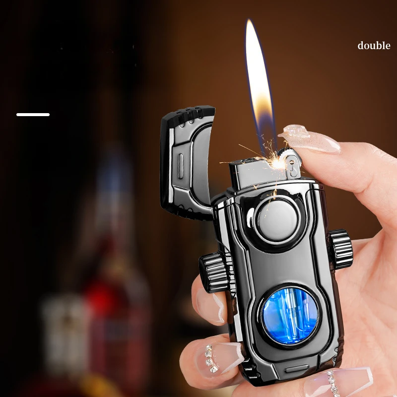 Novel Decompression Gyro Inflatable Lighter Windproof Double Fire Gradient See-through Blue Light High-value Men's Gift