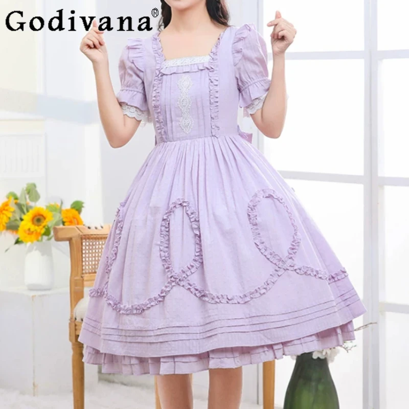 

Летнее классическое платье Лолита с квадратным вырезом, нежное, в стиле принцессы, модное, с завышенной талией, А-силуэт, универсальное, омолаживающее, с оборками, многоярусное