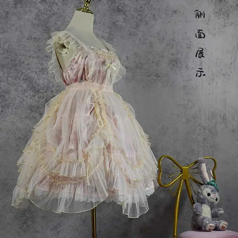 Japanse Kawaii Lolita Jsk Jurk Voor Vrouwen, Kant Mesh Ruche Strik, Mouwloze Sling Jurken, Prinses Feest Mini Jurk