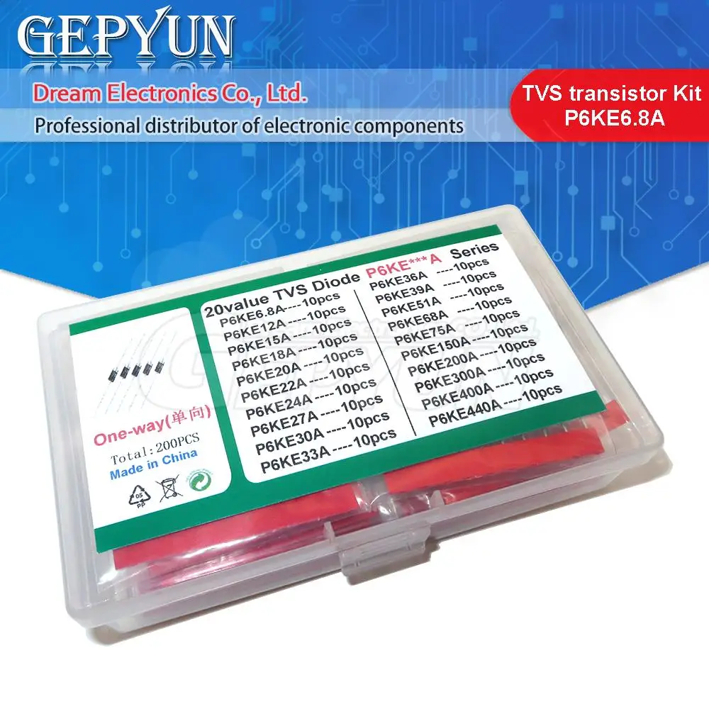 20values*10pcs=200pcs TVS transistor Kit P6KE6.8A/CA 12/15/18/20/22/24/27/30/33/36/39/51/68/75/150/200/300/400/440/A/CA Diode