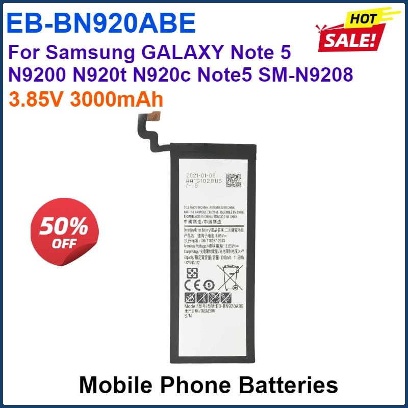 3.85V 3000mAh EB-BN920ABE  Smartphone Battery For Samsung GALAXY Note 5 N9200 N920t N920c Note5 SM-N9208 Mobile Phone Batteries