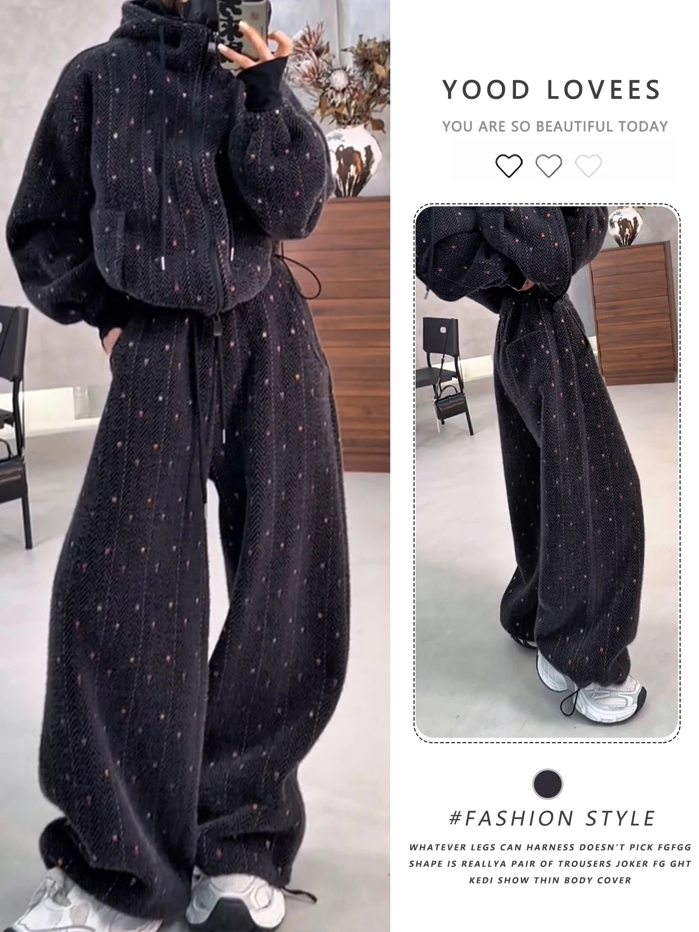 

Korean Style Thickened Winter Outfit Women's Zipper Open Cardigan Coat Wide Leg Pants Two Piece Set Casual Sporty Lazy